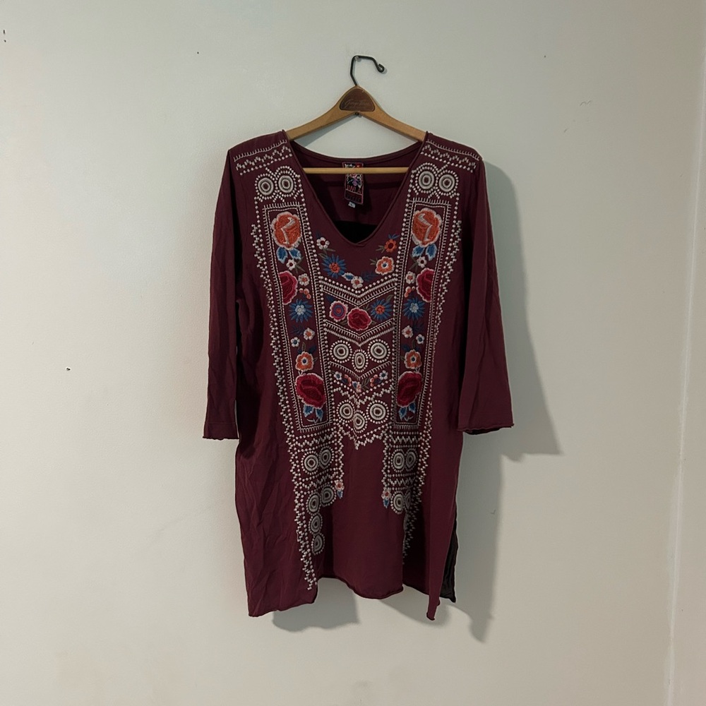 Johnny Was Maroon Embroidered Tunic with Multicolor Floral Accents